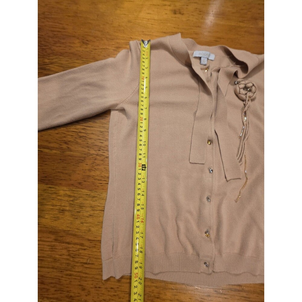 Bogari Silk Blend Cardigan Sweater Small Tan Rosette Tie Neck Button Front - Picture 5 of 10